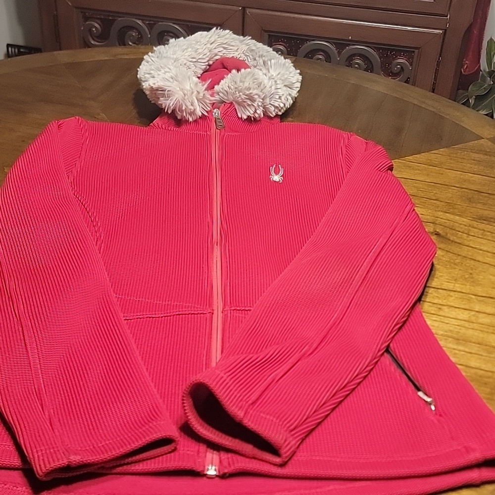 Spyder womens pink faux gray fur trimmer long sleeve zipup hoodie size xl
